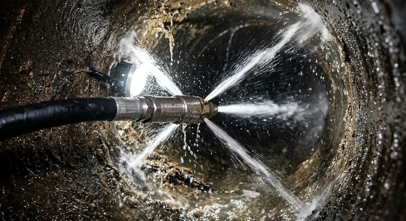 High-pressure hydro jetting nozzle cleaning sewer pipe for Sewer Cleanout in Barnstable Town