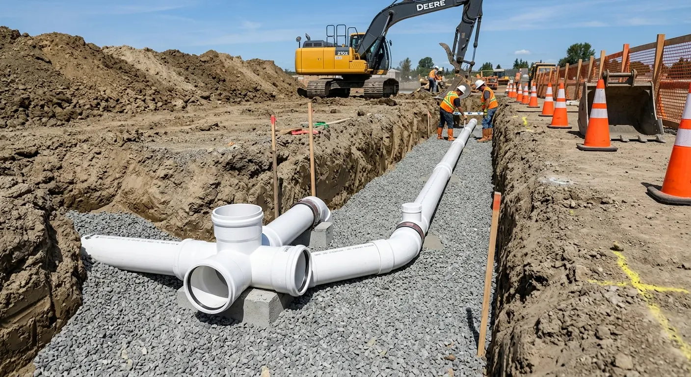 New PVC sewer pipe installation in open trench for Grease Trap Cleaning in Barnstable Town