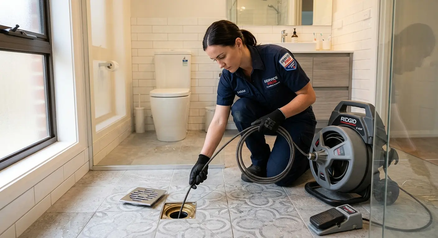 Technician clearing a bathroom floor drain for Sewer Line Replacement in Barnstable Town